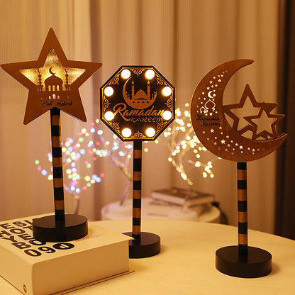 Contemporary Creative Battery Decorative Road Sign Moon Star Round Wood Metal LED Table Lamp For Bedroom