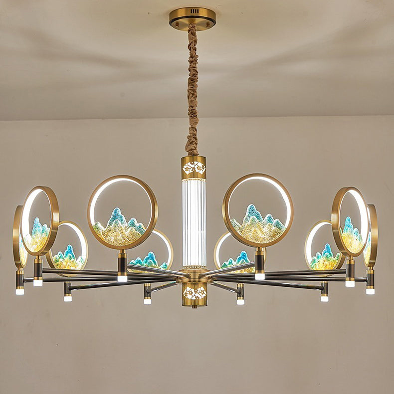 Traditional Chinese Brass Glass Round Mountain LED Chandeliers For Living Room