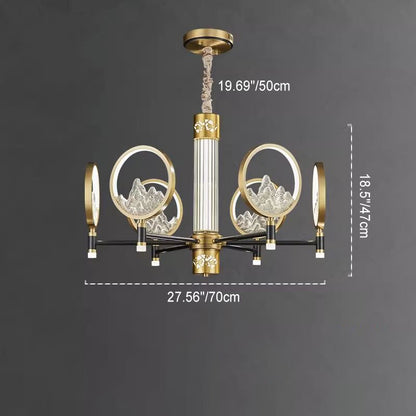 Traditional Chinese Brass Glass Round Mountain LED Chandeliers For Living Room