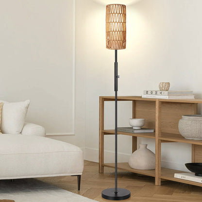 Traditional Japanese Weaving Rattan Fabric Metal Cylinder 1-Light Standing Floor Lamp For Living Room