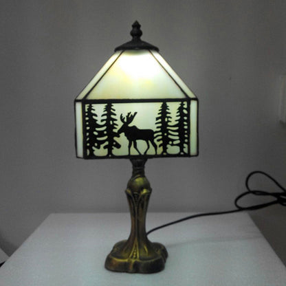 Traditional Tiffany Glass Metal Conic Polyhedron Deer 1-Light Table Lamp For Bedside