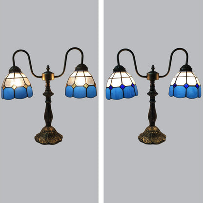 Traditional Tiffany Glass Iron Resin Swan Neck Dome Beads 2-Light Table Lamp For Bedside