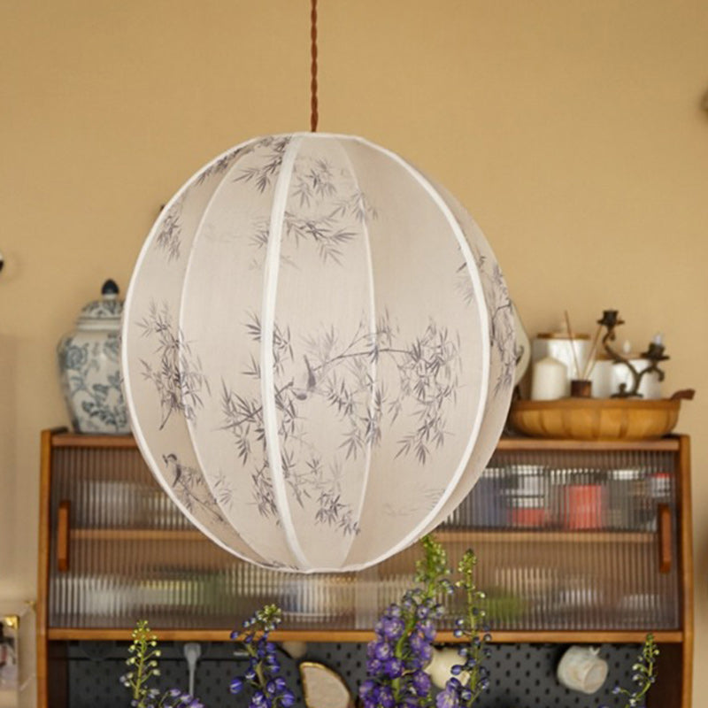 Traditional Chinese Tencel Lantern Ball Elliptical Bamboo Leaf 1-Light Pendant Light For Dining Room