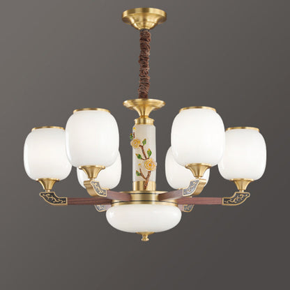 Traditional Chinese Brass Walnut Glass Cylinder Flower 6/8/10/15 Light LED Bottom Bracket Chandeliers For Living Room