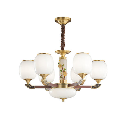 Traditional Chinese Brass Walnut Glass Cylinder Flower 6/8/10/15 Light LED Bottom Bracket Chandeliers For Living Room