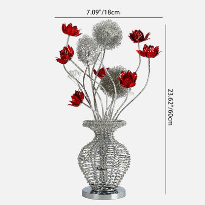 Modern Art Deco Aluminum Wire Weaving Decorative Vase Rose LED Table Lamp For Bedroom