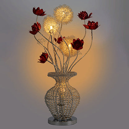 Modern Art Deco Aluminum Wire Weaving Decorative Vase Rose LED Table Lamp For Bedroom