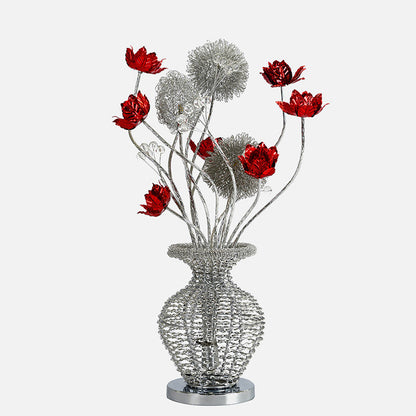 Modern Art Deco Aluminum Wire Weaving Decorative Vase Rose LED Table Lamp For Bedroom