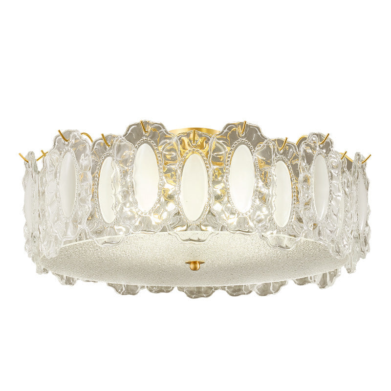 Traditional French Brass Glass Frosted Round Ripple 4/5 Light Semi-Flush Mount Ceiling Light For Bedroom