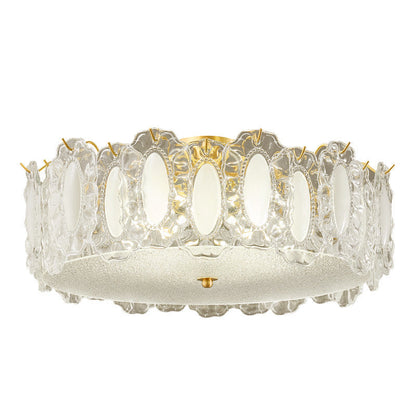 Traditional French Brass Glass Frosted Round Ripple 4/5 Light Semi-Flush Mount Ceiling Light For Bedroom