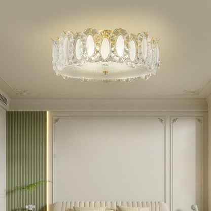 Traditional French Brass Glass Frosted Round Ripple 4/5 Light Semi-Flush Mount Ceiling Light For Bedroom
