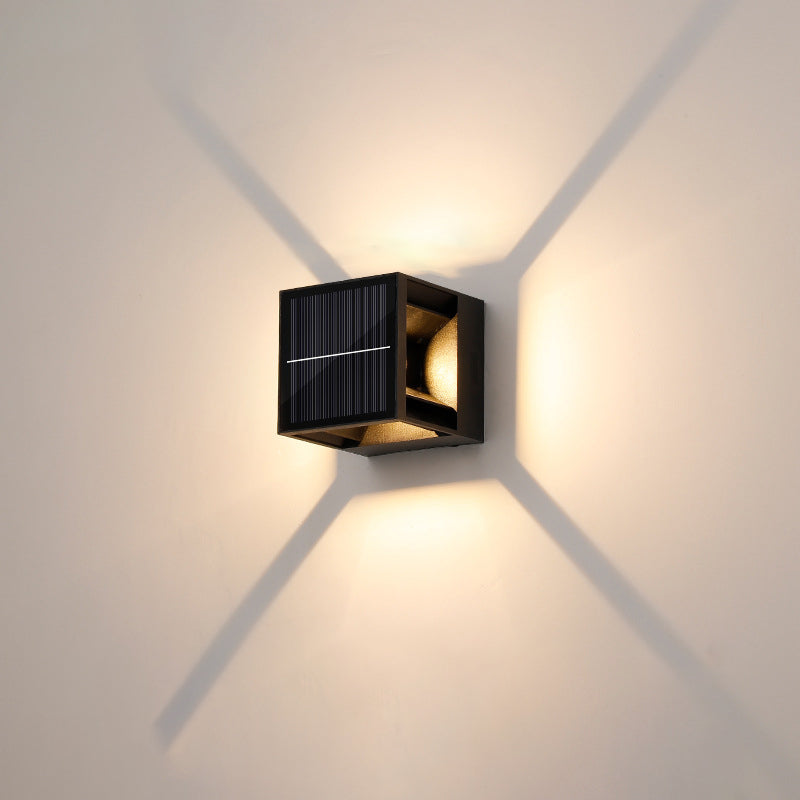 Modern Minimalist Solar Waterproof Aluminum ABS Cube LED Wall Sconce Lamp For Outdoor Patio