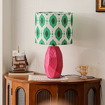 Traditional Vintage Ceramic Fabric Cylinder Geometric Patterned 1-Light Table Lamp For Bedroom