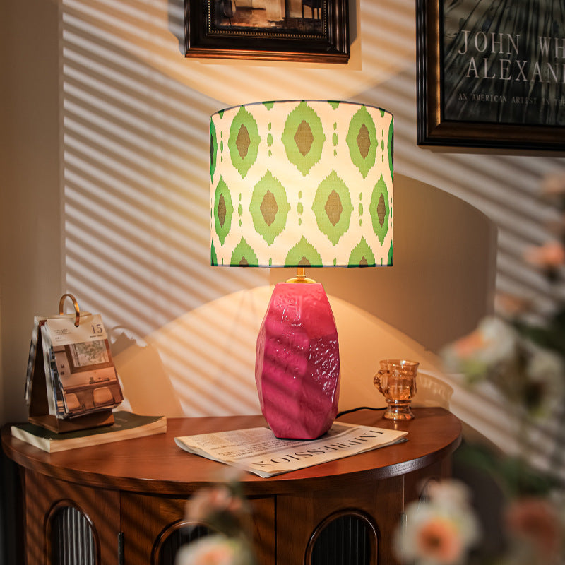 Traditional Vintage Ceramic Fabric Cylinder Geometric Patterned 1-Light Table Lamp For Bedroom