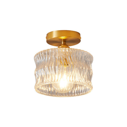 Traditional Japanese Brass Glass Bowl Cylinder Ripple 1-Light Semi-Flush Mount Ceiling Light For Hallway