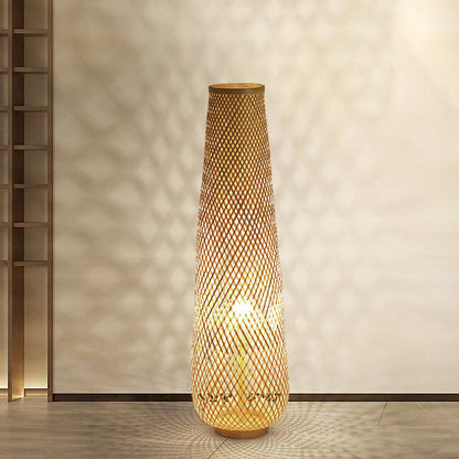 Contemporary Boho Handmade Weaving Bamboo Column Lantern 1-Light Standing Floor Lamp For Living Room