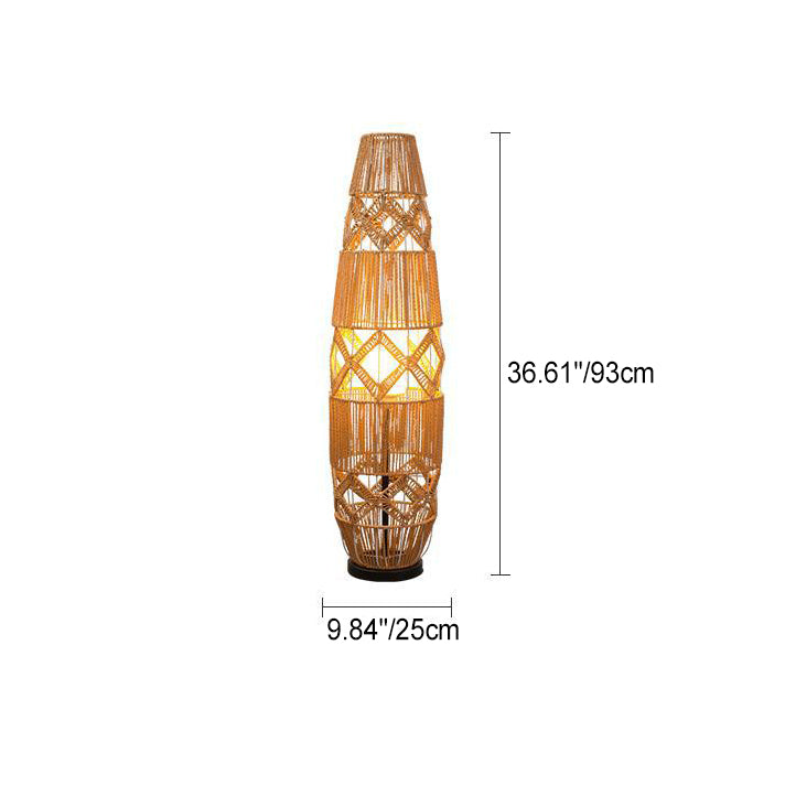Traditional Japanese Handmade Weaving Hemp Rope Column Lozenge Pattern 1-Light Standing Floor Lamp For Living Room