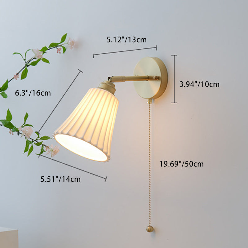 Traditional French Brass Ceramic Adjustable Horn Zipper Switch 1-Light Wall Sconce Lamp For Bedside