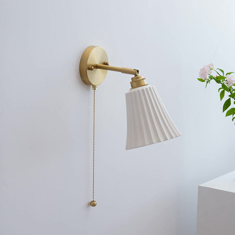 Traditional French Brass Ceramic Adjustable Horn Zipper Switch 1-Light Wall Sconce Lamp For Bedside