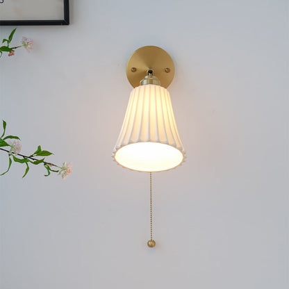 Traditional French Brass Ceramic Adjustable Horn Zipper Switch 1-Light Wall Sconce Lamp For Bedside