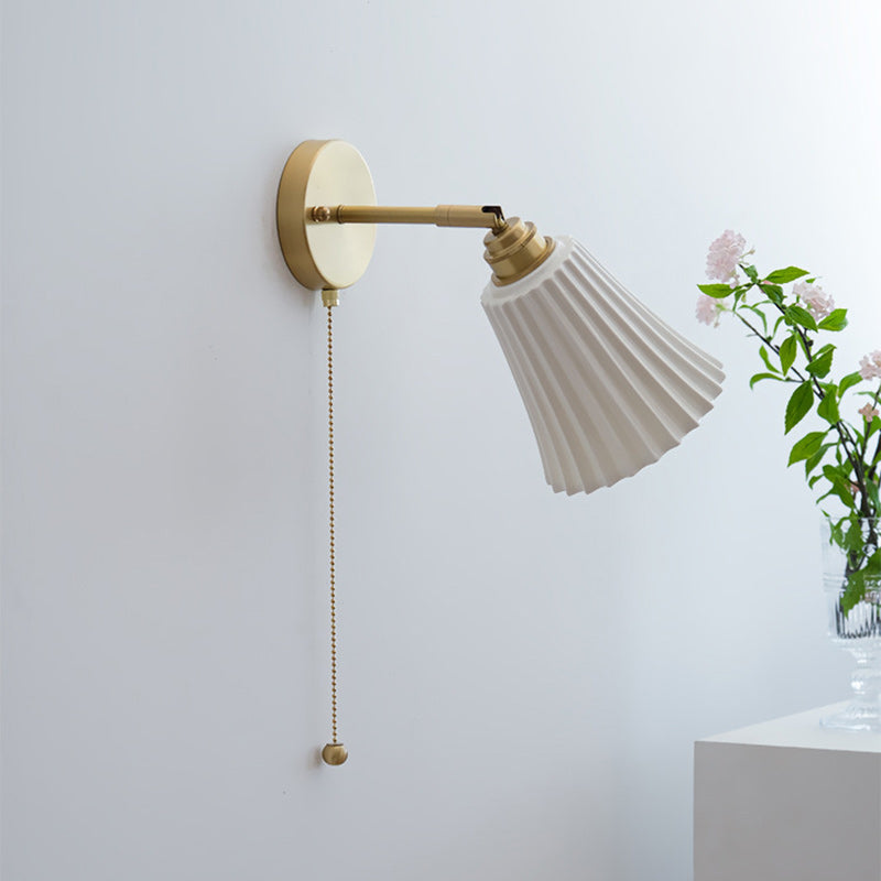 Traditional French Brass Ceramic Adjustable Horn Zipper Switch 1-Light Wall Sconce Lamp For Bedside