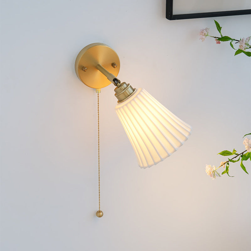 Traditional French Brass Ceramic Adjustable Horn Zipper Switch 1-Light Wall Sconce Lamp For Bedside