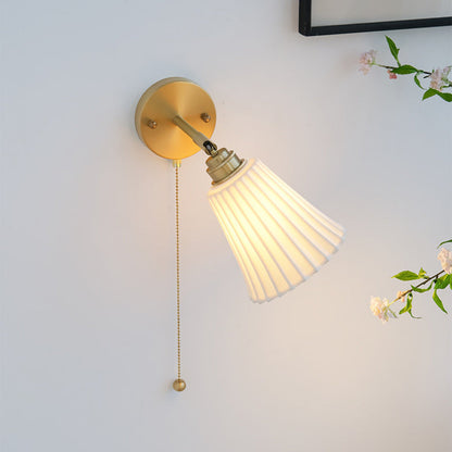 Traditional French Brass Ceramic Adjustable Horn Zipper Switch 1-Light Wall Sconce Lamp For Bedside