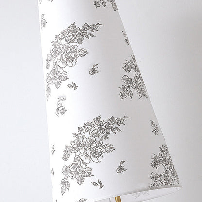 Contemporary Retro Solid Wood Metal Fabric Cylinder Printed Flower 1-Light Standing Floor Lamp For Living Room