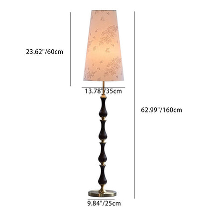 Contemporary Retro Solid Wood Metal Fabric Cylinder Printed Flower 1-Light Standing Floor Lamp For Living Room