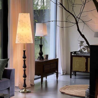 Contemporary Retro Solid Wood Metal Fabric Cylinder Printed Flower 1-Light Standing Floor Lamp For Living Room