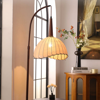 Contemporary Retro Wood Iron Fabric Dome Round Shelf 1-Light Standing Floor Lamp For Living Room
