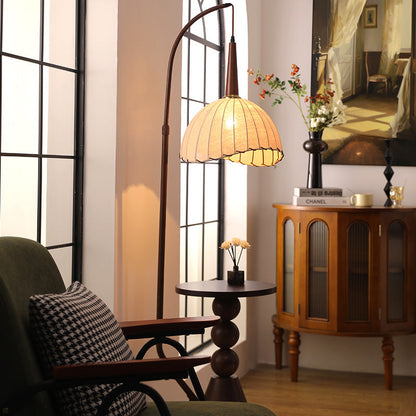 Contemporary Retro Wood Iron Fabric Dome Round Shelf 1-Light Standing Floor Lamp For Living Room