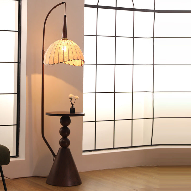 Contemporary Retro Wood Iron Fabric Dome Round Shelf 1-Light Standing Floor Lamp For Living Room