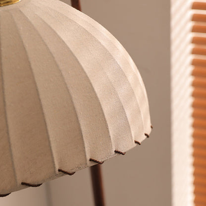 Contemporary Retro Wood Iron Fabric Dome Round Shelf 1-Light Standing Floor Lamp For Living Room