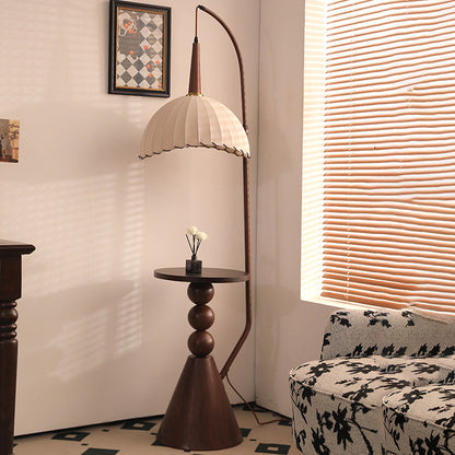 Contemporary Retro Wood Iron Fabric Dome Round Shelf 1-Light Standing Floor Lamp For Living Room