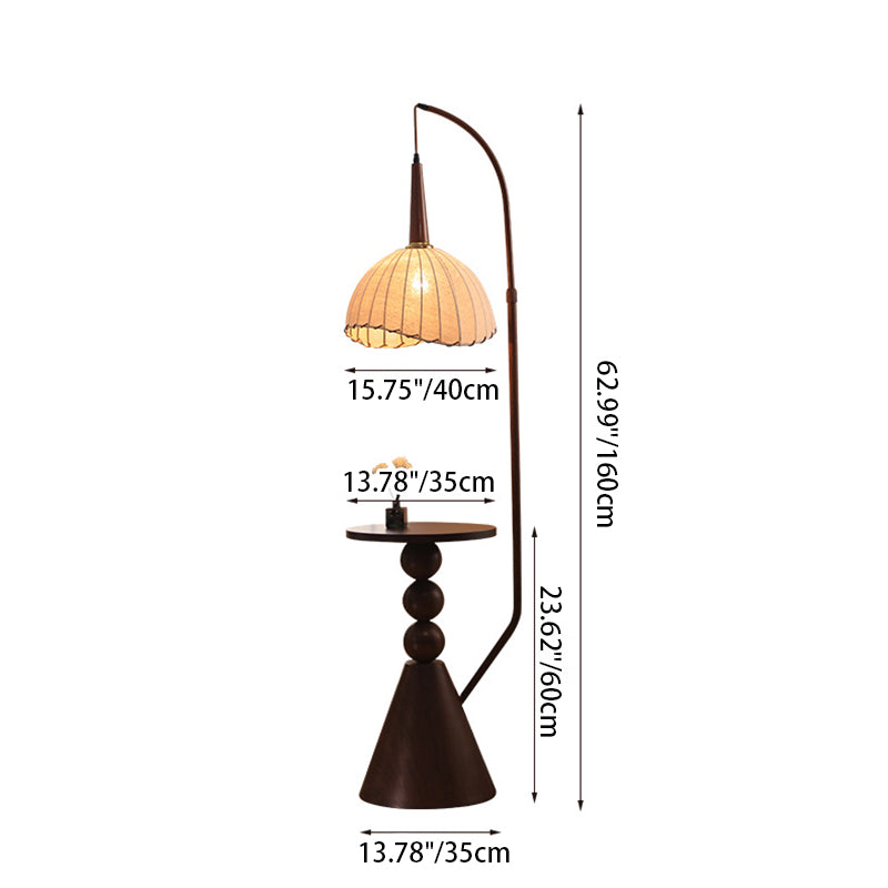 Contemporary Retro Wood Iron Fabric Dome Round Shelf 1-Light Standing Floor Lamp For Living Room