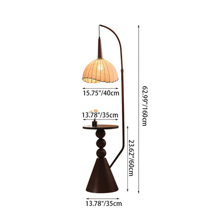 Contemporary Retro Wood Iron Fabric Dome Round Shelf 1-Light Standing Floor Lamp For Living Room