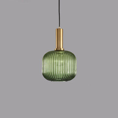 Contemporary Scandinavian Metal Glass Cylinder Striped Lantern 1-Light Pendant Light For Dining Room