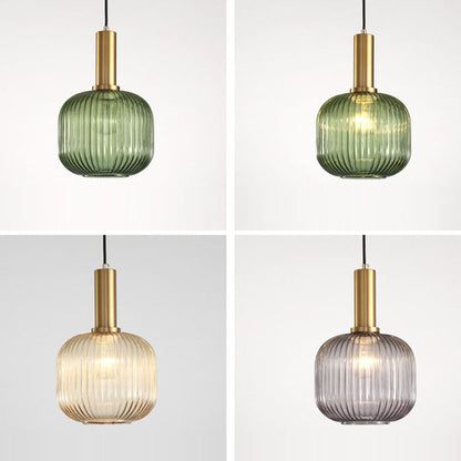 Contemporary Scandinavian Metal Glass Cylinder Striped Lantern 1-Light Pendant Light For Dining Room