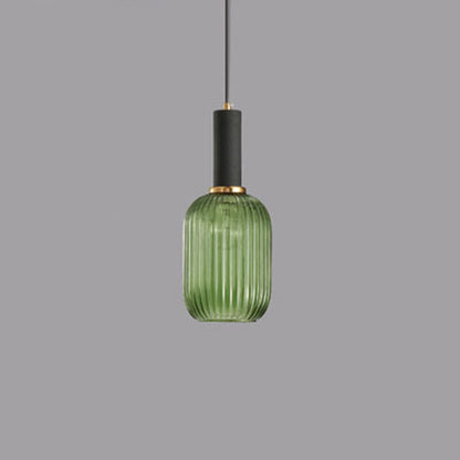 Contemporary Scandinavian Metal Glass Cylinder Striped Lantern 1-Light Pendant Light For Dining Room