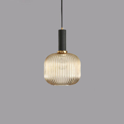 Contemporary Scandinavian Metal Glass Cylinder Striped Lantern 1-Light Pendant Light For Dining Room