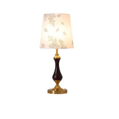 Contemporary Retro Solid Wood Metal Fabric Cylinder Printed Flower 1-Light Table Lamp For Bedroom