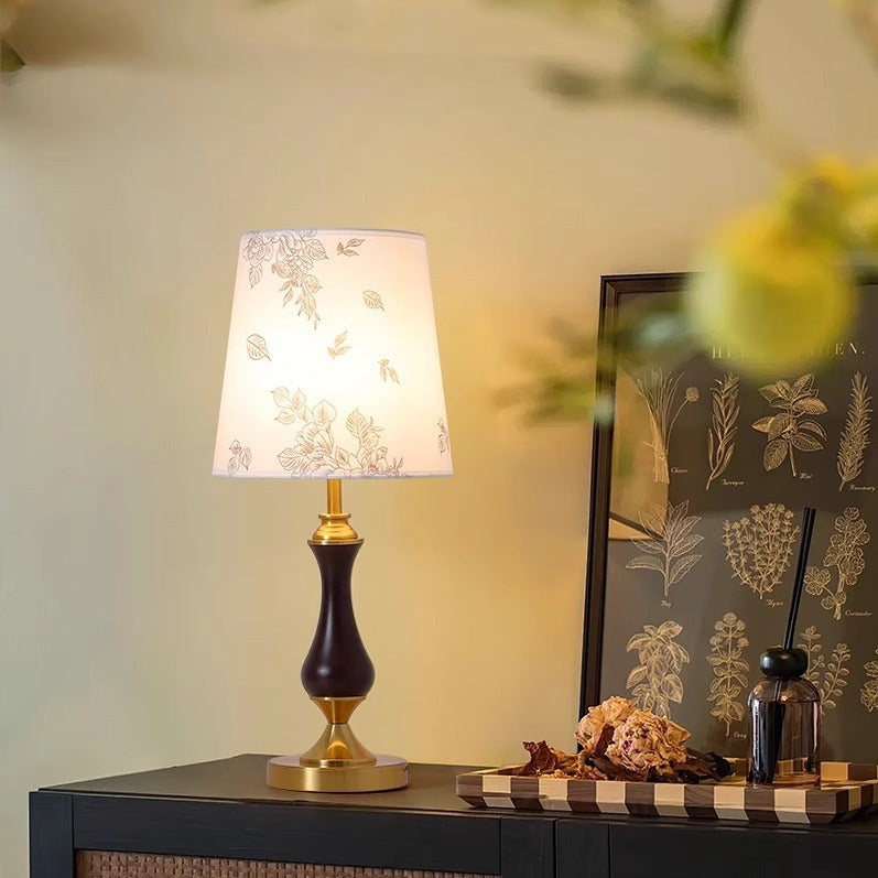 Contemporary Retro Solid Wood Metal Fabric Cylinder Printed Flower 1-Light Table Lamp For Bedroom