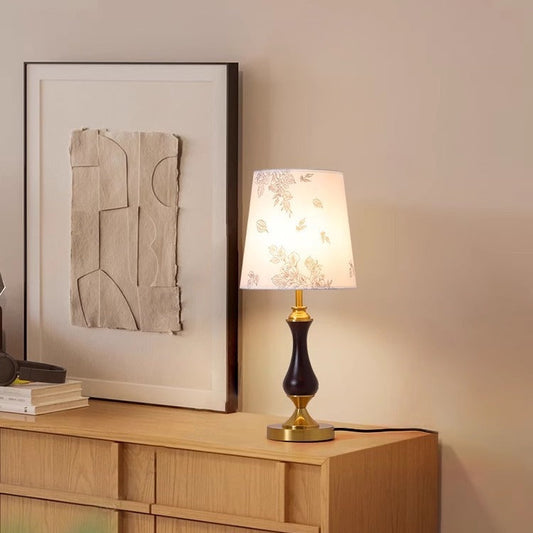 Contemporary Retro Solid Wood Metal Fabric Cylinder Printed Flower 1-Light Table Lamp For Bedroom
