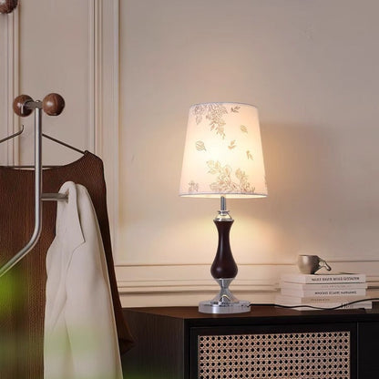 Contemporary Retro Solid Wood Metal Fabric Cylinder Printed Flower 1-Light Table Lamp For Bedroom