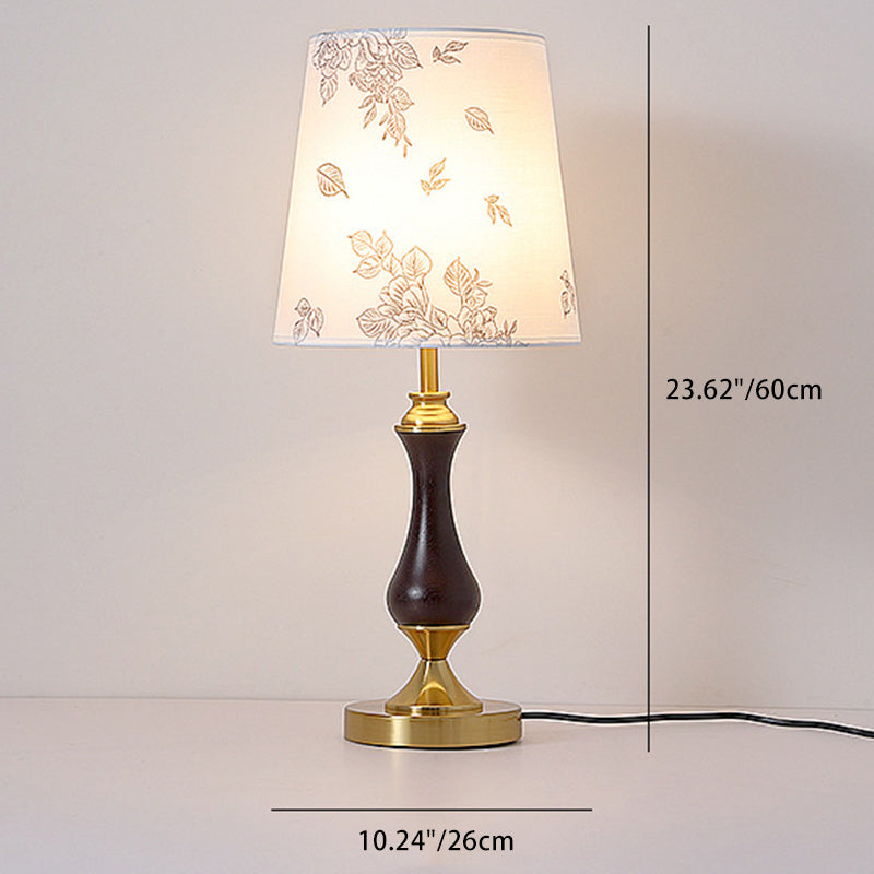 Contemporary Retro Solid Wood Metal Fabric Cylinder Printed Flower 1-Light Table Lamp For Bedroom