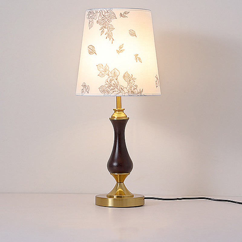 Contemporary Retro Solid Wood Metal Fabric Cylinder Printed Flower 1-Light Table Lamp For Bedroom
