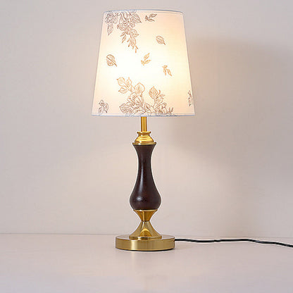 Contemporary Retro Solid Wood Metal Fabric Cylinder Printed Flower 1-Light Table Lamp For Bedroom