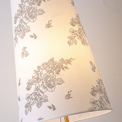 Contemporary Retro Solid Wood Metal Fabric Cylinder Printed Flower 1-Light Table Lamp For Bedroom