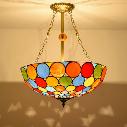 Traditional Tiffany Stained Glass Iron Dome Round Pattern 3-Light Chandeliers For Living Room